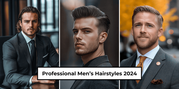 A featured image showcasing three stylish business-ready hairstyles for men, including a slicked-back look, a modern quiff, and a classic side part, perfect for achieving a sharp and polished appearance in the workplace.