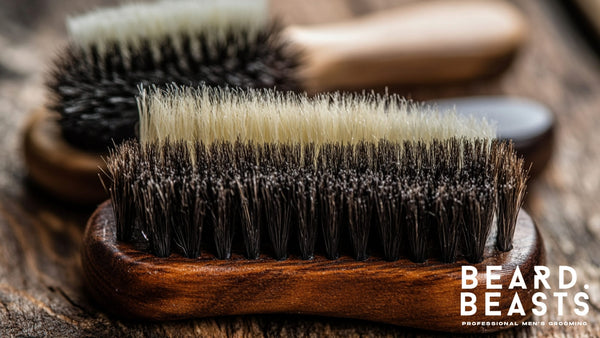 Close-up of a boar bristle beard brush resting on a rustic wooden table, highlighting the natural bristles and wooden handle, ideal for tutorials on how to clean a beard brush and maintain its effectiveness.