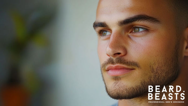 A close-up image of a young man with a neatly trimmed stubble beard showcasing visible signs of a patchy beard.