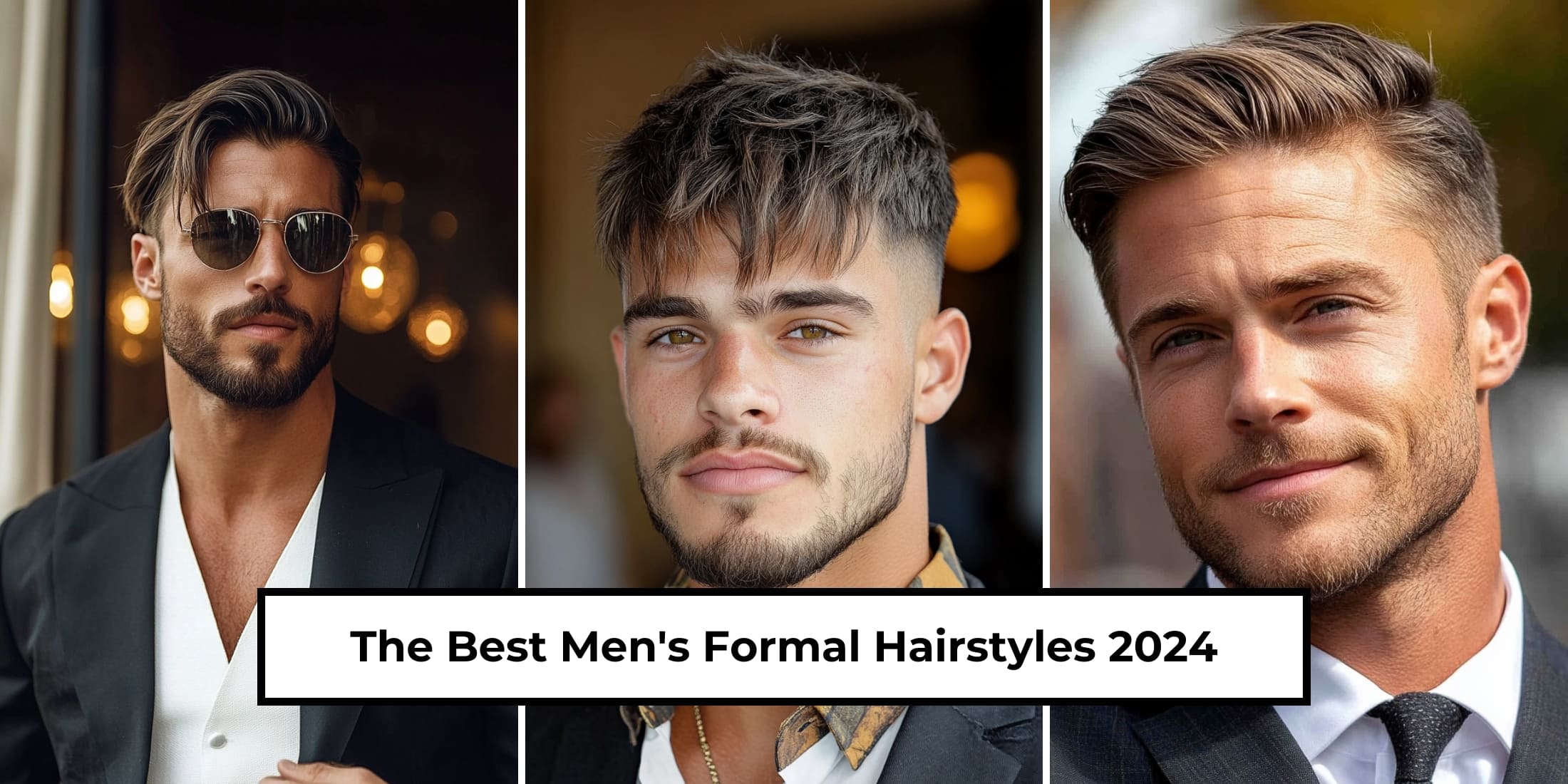 Three stylish men showcasing different men's formal hairstyles for 2024.  Each hairstyle is paired with sharp outfits, highlighting the best formal hairstyles for men that suit various face shapes and occasions.