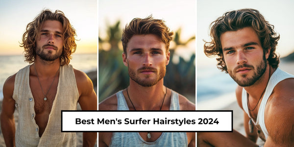 A collage featuring three men showcasing the Best Men's Surfer Hairstyles 2024. Each style reflects effortless, beach-inspired haircuts with natural waves, texture, and sun-kissed volume, perfect for capturing the laid-back, cool surfer look.