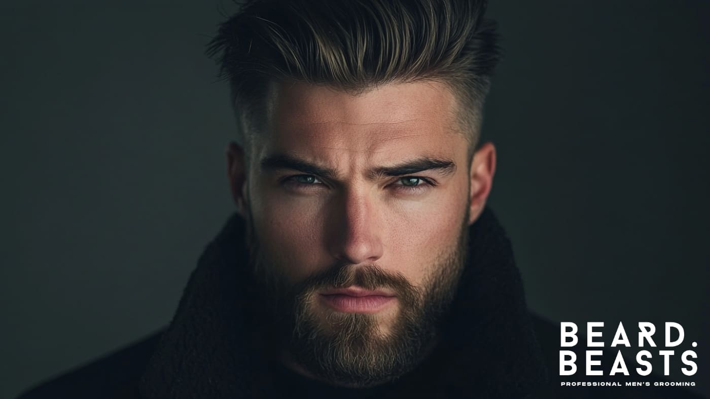 Close-up of a confident man with a neatly groomed short beard, showcasing a classic and modern look for professional men's grooming. Ideal for highlighting popular short beard styles.