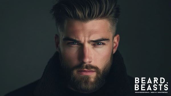 Close-up of a confident man with a neatly groomed short beard, showcasing a classic and modern look for professional men's grooming. Ideal for highlighting popular short beard styles.