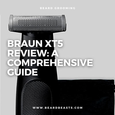 Braun XT5 shaver close-up as the featured image for 'Braun XT5 Review: A Comprehensive Guide' on Beard Beasts' website.