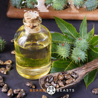 Transparent bottle of golden castor oil with cork stopper, castor beans in a wooden spoon, and green castor plant leaves, on a dark background with the Beard Beasts logo.