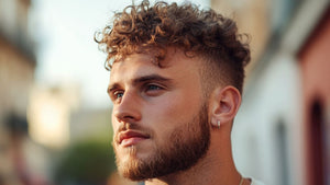 A man with a stylish curly hair fade hairstyle, featuring defined curls on top with neatly faded sides. 