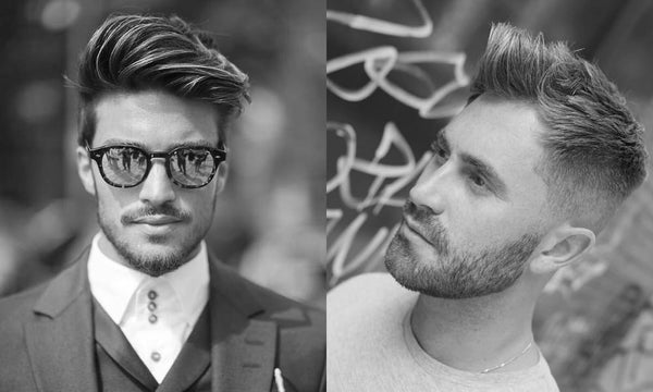 Two stylish examples of haircuts for men with small heads—one featuring a voluminous side-swept quiff, the other a short spiked style with a beard, both enhancing face shape and structure.