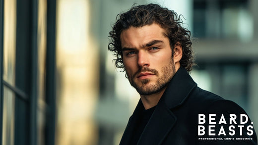 A striking man with thick, defined curls styled in a natural, shoulder-length look, exuding confidence and sophistication. His hair is neatly groomed, with subtle texture and volume that emphasize the elegance of long curly hairstyles for men. 