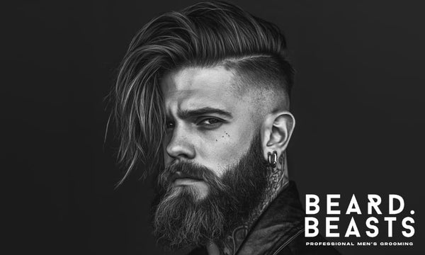 Stylish man with long textured undercut and full beard in black and white — bold long hair and beard style for men, ideal for modern grooming inspiration and masculine style featured on Beard Beasts.
