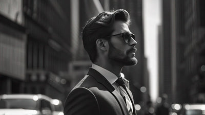 Stylish man with a 20mm beard wearing sunglasses and a suit in an urban setting.