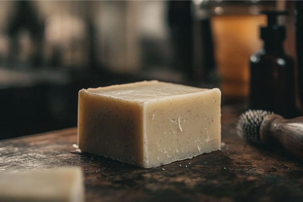 A close-up of a natural shaving soap bar on a wooden surface, surrounded by classic grooming tools, ideal for demonstrating how to use shaving soap.