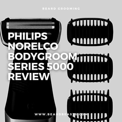 Philips Norelco Bodygroom Series 5000 electric shaver with multiple guard attachments featured in a Beard Grooming review graphic.