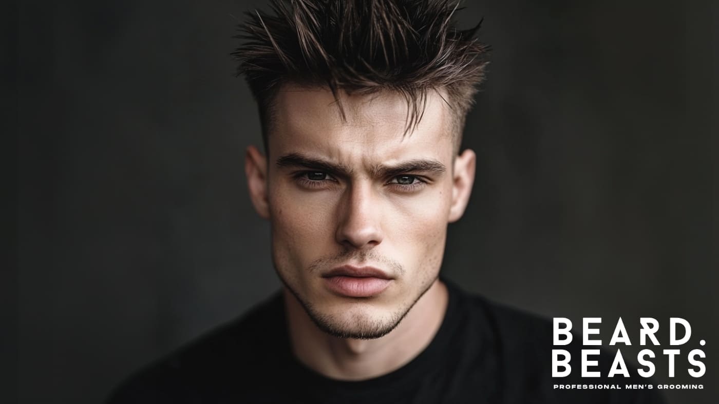 Alt Text: A young man with a spiky, textured haircut and a sharp fade, styled for a bold, modern look. A perfect example of Messy Haircuts for Guys with Straight Hair.