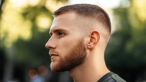 A close-up profile of a man with a neat drop fade crew cut. The fade blends seamlessly from the top into the skin around the sides and back, creating a sharp and clean look.