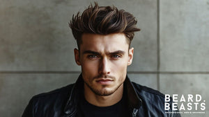 A portrait of a man with a messy quiff haircut, featuring voluminous, textured hair styled upwards with a natural, tousled look. 