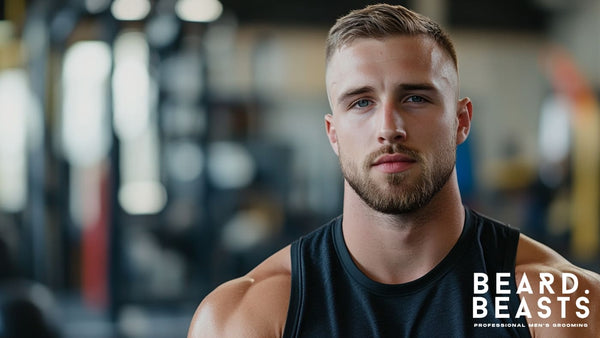 Portrait of a man in a gym setting wearing a black tank top, styled with a neat crew cut, one of the most classic athletic hairstyles for men.
