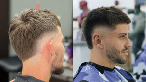 A side-by-side comparison of two men showcasing bald burst fade hairstyles with distinct styles.