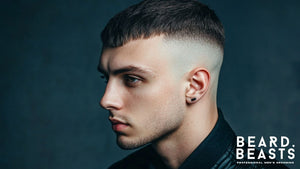 Side profile of a man featuring a sleek French Crop Skin Fade, showcasing a sharply tapered skin fade that blends seamlessly into a short, textured top with a neat fringe. 