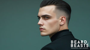 A side-profile portrait of a stylish man showcasing a high fade slick back hairstyle. The haircut features sharply faded sides transitioning into a smooth, sleek top combed back with precision.