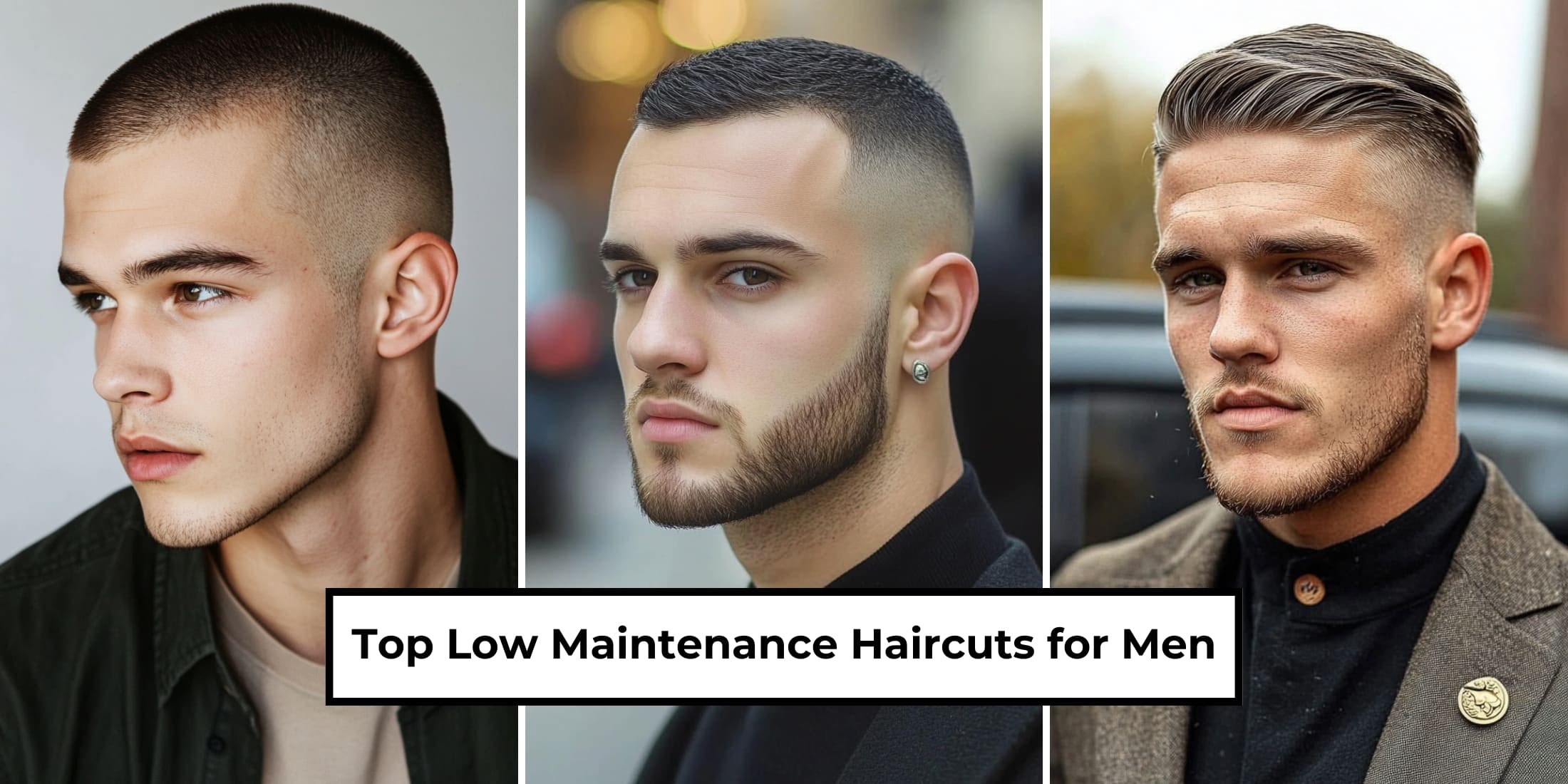 Collage of three men showcasing different low maintenance haircuts for men, including a buzz cut, high and tight, and comb-over styles. These easy-to-maintain hairstyles combine minimal effort with maximum style.