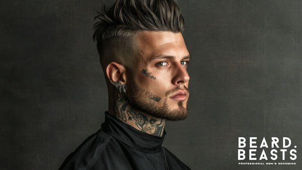 A striking portrait of a man showcasing a sleek skin fade faux hawk hairstyle. The haircut features a sharp, high skin fade that blends into a voluminous, textured faux hawk styled upward for a bold, edgy look. 