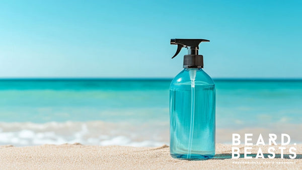 A spray bottle of sea salt hair spray sits on a sandy beach with the ocean in the background, reflecting the benefits of sea salt hair spray for natural texture and volume.