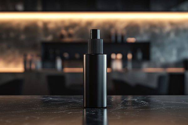 Minimalist sea salt spray bottle on a sleek surface with a blurred, modern background.