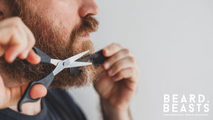 Close-up of a man trimming his beard with scissors while using a comb for precision, showcasing proper grooming techniques for how to trim a beard while growing it out.