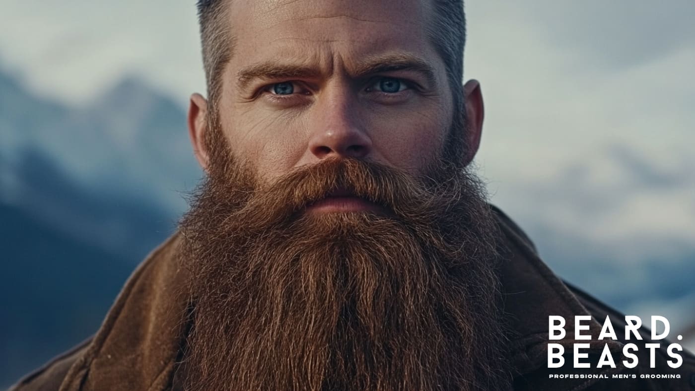 A rugged man with piercing blue eyes sporting a full, well-groomed beard, one of the popular beard styles for men. 