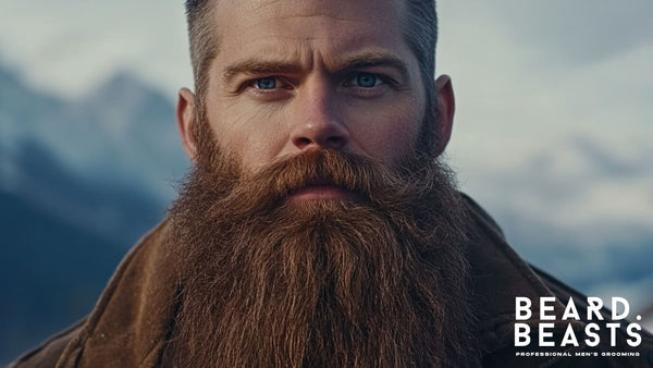 A rugged man with piercing blue eyes sporting a full, well-groomed beard, one of the popular beard styles for men. 