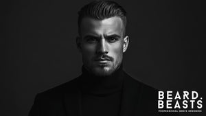 Stylish man with a well-groomed beard and sleek hairstyle, dressed in a dark turtleneck, embodying confidence and professionalism. Perfect representation of hygiene tips for men, emphasizing grooming and personal care essentials.
