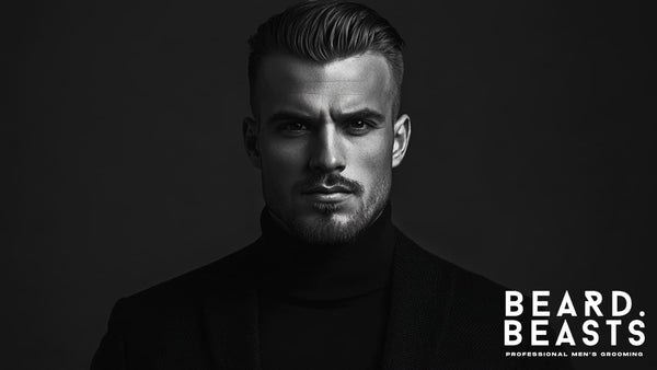 Stylish man with a well-groomed beard and sleek hairstyle, dressed in a dark turtleneck, embodying confidence and professionalism. Perfect representation of hygiene tips for men, emphasizing grooming and personal care essentials.