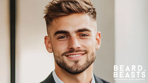 Portrait of a smiling man with a messy crew cut fade haircut, featuring a well-groomed short beard, representing professional men's grooming. 
