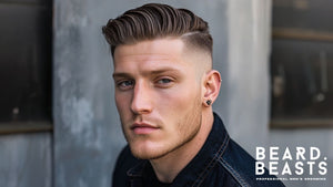 Close-up image of a man showcasing a stylish comb-over skin fade haircut, with neatly groomed hair and a sharp fade blending into his natural hairline. 