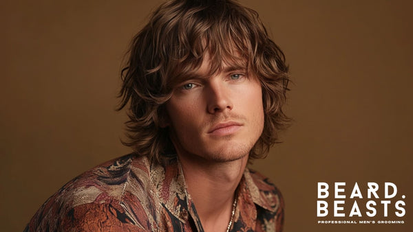 A young man with an iconic 70s men's hairstyle, featuring layered, wavy, shoulder-length hair, styled with a natural, effortless look.