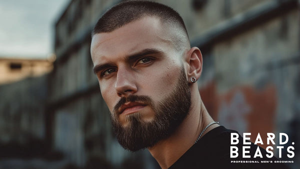 Close-up of a man with a buzz cut fade with a beard, featuring a sharp fade and a full, well-groomed beard. 
