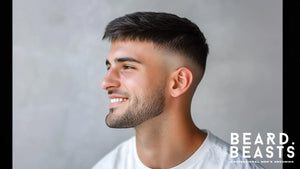 A young man with a French crop mid fade haircut, featuring a sharp and clean look. 