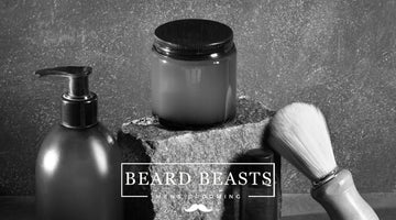 image of premium men's grooming products, featuring a jar of beard butter, prominently displayed, illustrating a sophisticated setup for a guide on how to use beard balm
