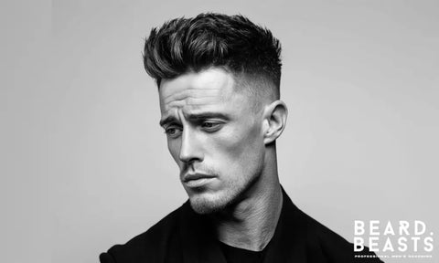 Man with a modern textured quiff hairstyle — example of how to style a quiff with volume and precision by Beard Beasts.