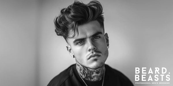 Young man with a messy pompadour hairstyle, featuring voluminous and textured hair with a relaxed, tousled look. 