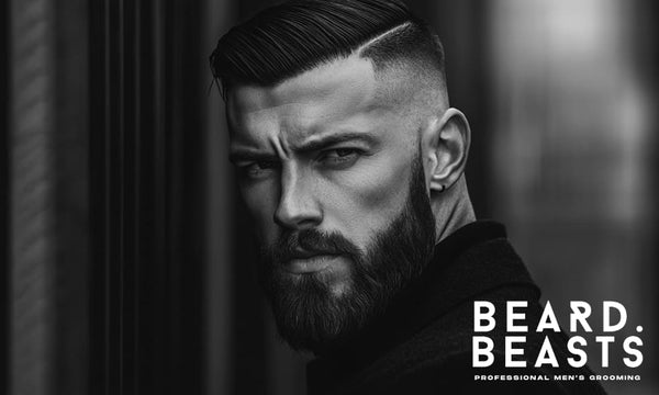 Side profile of a man showcasing a sharp comb over and beard, styled with precision for a bold and masculine look.