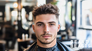 Close-up of a stylish man with a low fade textured top hairstyle in a modern barber shop, showcasing sharp, professional grooming.