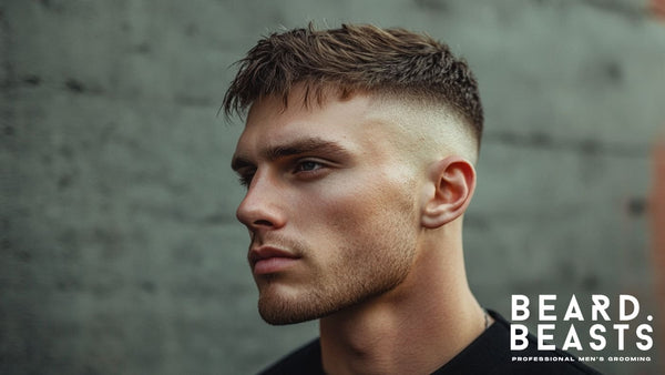 Close-up of a young man with a sharp skin fade crew cut hairstyle, showcasing clean, precise lines and a modern, masculine look.