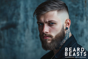 A rugged young man with a skin fade undercut, featuring a sleek, side-swept top with natural texture and a clean fade on the sides. 