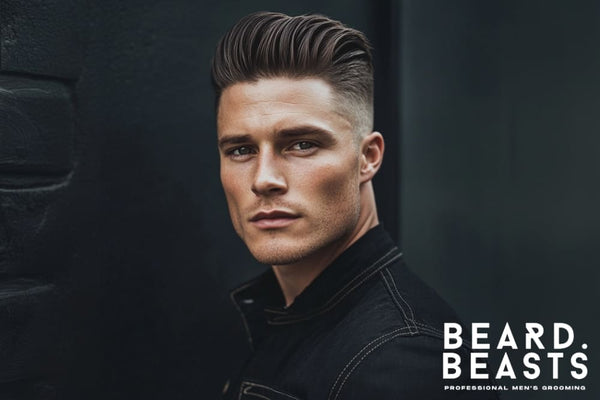 Portrait of a confident man with a classic undercut pompadour, featuring a sleek, voluminous top styled back with precision and sharp, faded sides. 
