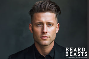 A stylish man with a modern undercut quiff, featuring tapered sides and a textured, brushed-back top with natural volume.