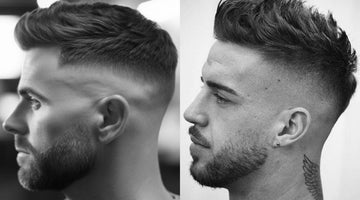 Two men showcasing differences between stylish mid fade vs high fade haircuts in monochrome