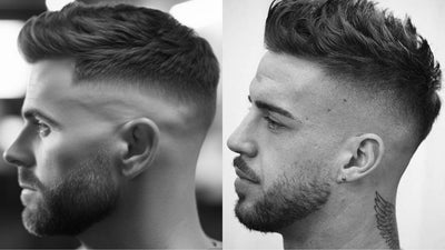 Two men showcasing differences between stylish mid fade vs high fade haircuts in monochrome