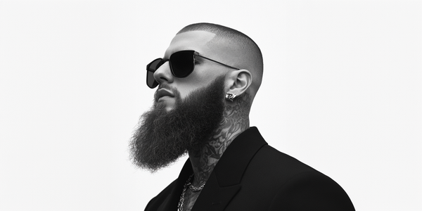 Confident man with a full, well-groomed beard, sharp fade haircut, and black suit—embodying modern beard rules and style discipline.