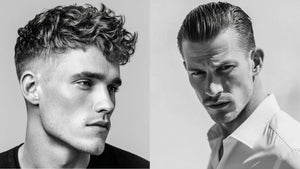 Side-by-side comparison of men’s hairstyles showing styling fiber with a textured crop and pomade with a slick back, illustrating the difference between the two products.
